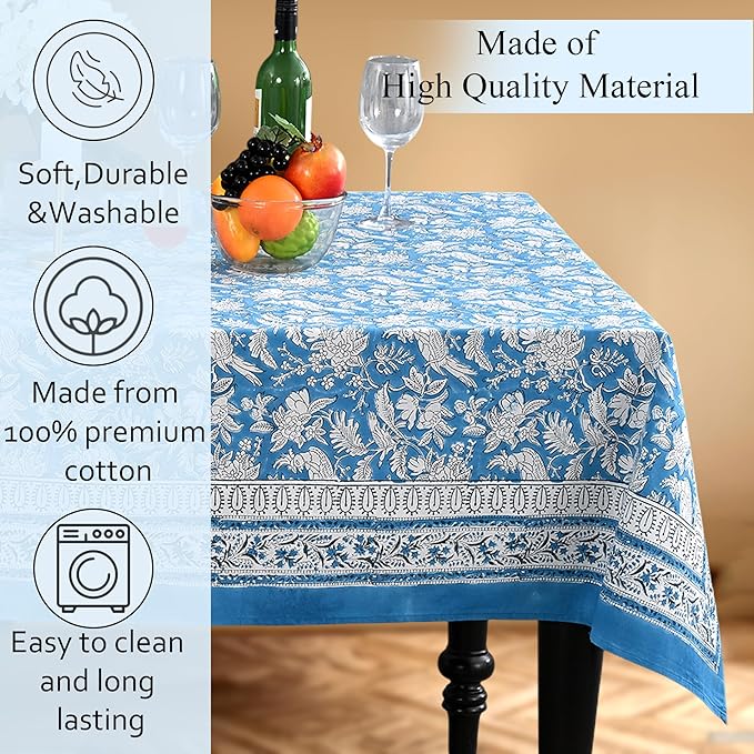 CPC Tablecloth 100% Cotton 70x108 Inch Indian Block Print Rectangle Table Cover, Washable Table Cloth for Weddings, Spring/Summer, Barbeque - Blue Sapphire