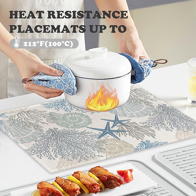 Coastal Beach Placemats Set of 6,Shell Starfish Coral Heat Resistant Table Mats Washable Place Mats for Party Kitchen Farmhouse Home Dining Holiday Decor 12x18 Inch