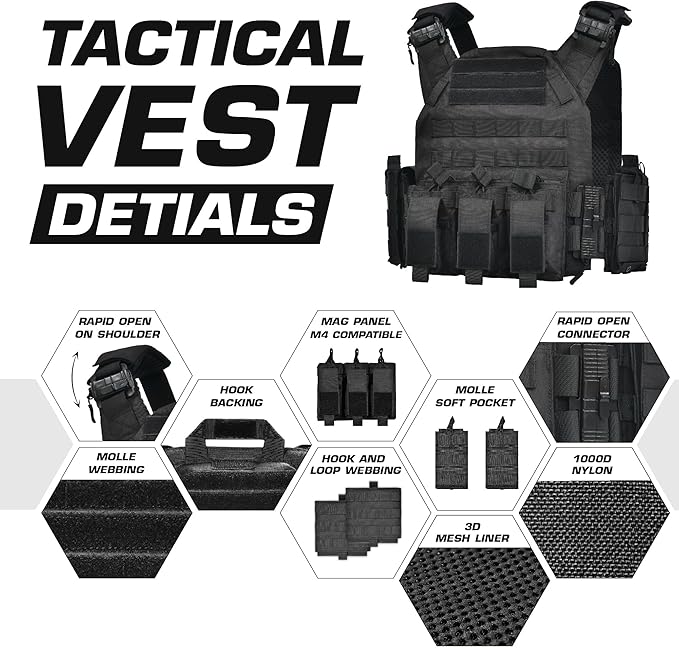 GFIRE Tactical Vest - Airsoft Lightweight Modular 3D Breathable Quick Release Vest, Adjustable Tactical Gear for Training