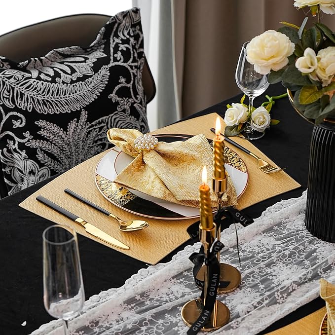 Round Table Placemats Set of 4, Faux Leather Heat Resistant Table Mats, Waterproof Wipeable PU Place Mats, Gold