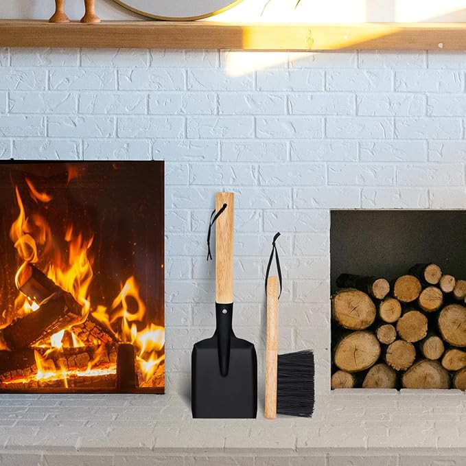 Ash Shovel & Hearth Brush Set - Fireplace Tools Set, Fire Pit Tools, Hearth Tidy Set, Metal Brush Pan Set Made of Natural Wood & Coco Bristles - Wider Scoop