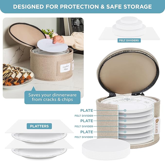 China Storage Hard Shell Containers 8-Piece Set Moving Boxes for Dinnerware, Glasses, Plates, Mugs and Saucers Sturdy Dish Organizer with Dividers for Seasonal Storage - Service for 12 - Brown