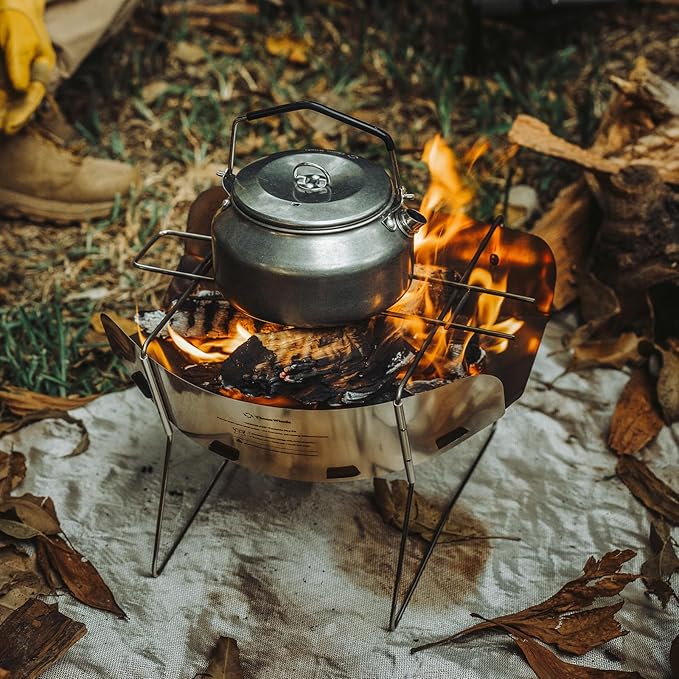 Thous Winds Outdoor Fire Pit, 12-inch Portable Camping Fire Pit, Stainless Steel Camp Grill Wood Burning Charcoal for BBQ Bushcraft Backpacking, with Storage Bag