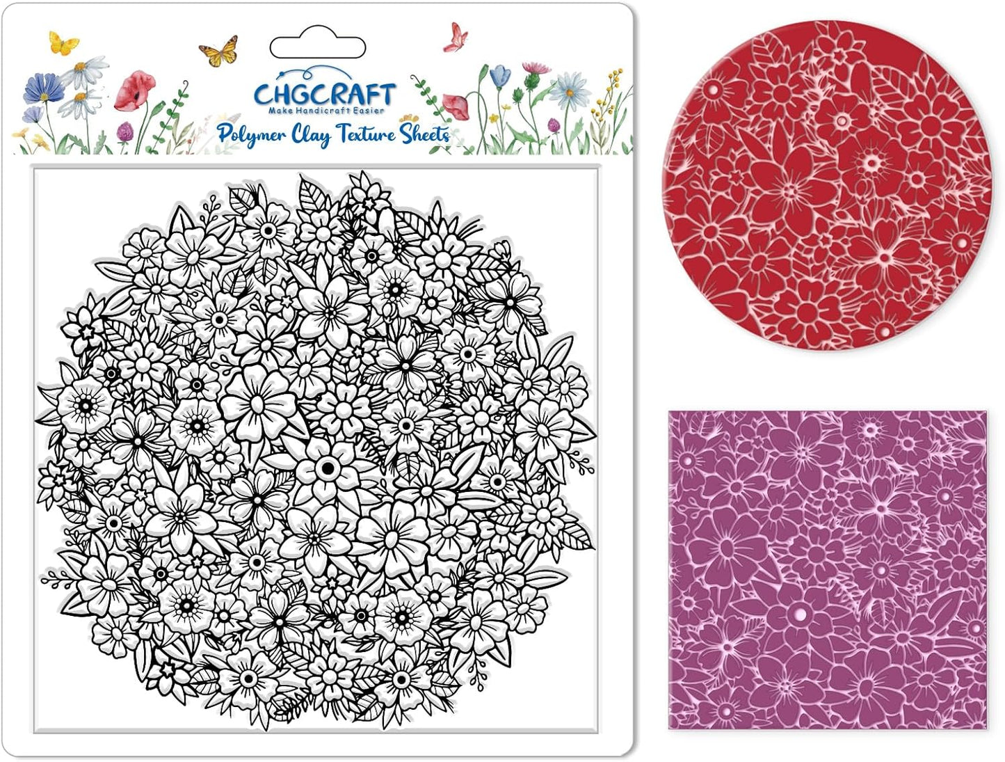 CHGCRAFT Flower Pile Polymer Clay Texture Sheets Flowers Silicone Texture Stamp Clay Texture Mat Modeling Pattern Pad Texture Sheets for Jewelry and Clay Earrings Tools, 5.5x5.5 inch