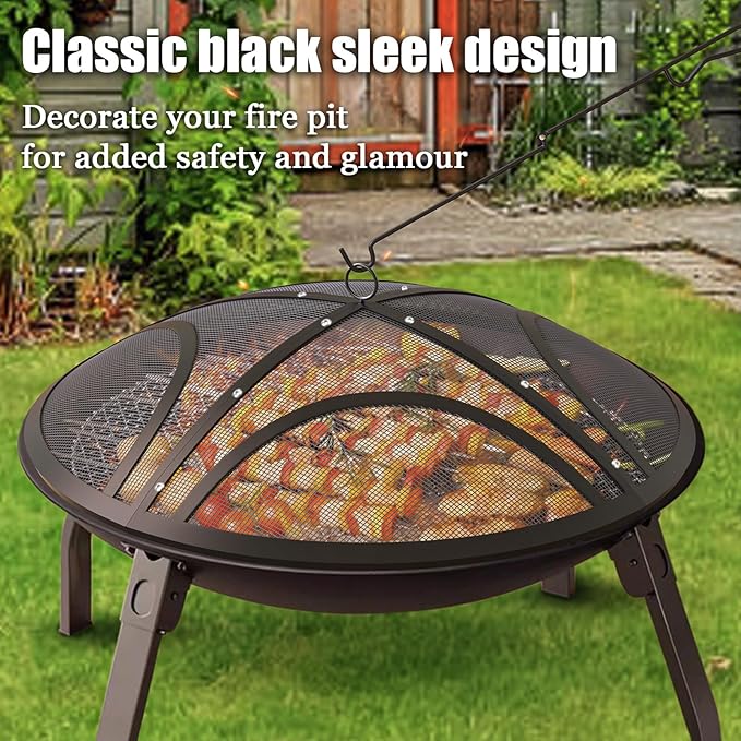 Fire Pit Spark Screen, Upgraded 24 Inch Outdoor Fire Pit Screen with Handle & Poker, Heavy-Duty Steel Fire Pit Cover Round Mesh Replacement Firepit Screen for Backyard/Beach/RV Camping
