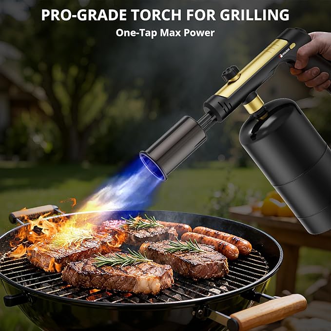 Powerful Cooking Propane Torch, Sous Vide, Adjustable Kitchen Torch with One-Touch Max Fire, Culinary Torch for Searing Steak, BBQ and Campfire Starter, Gold & Black(Tank Not Included)