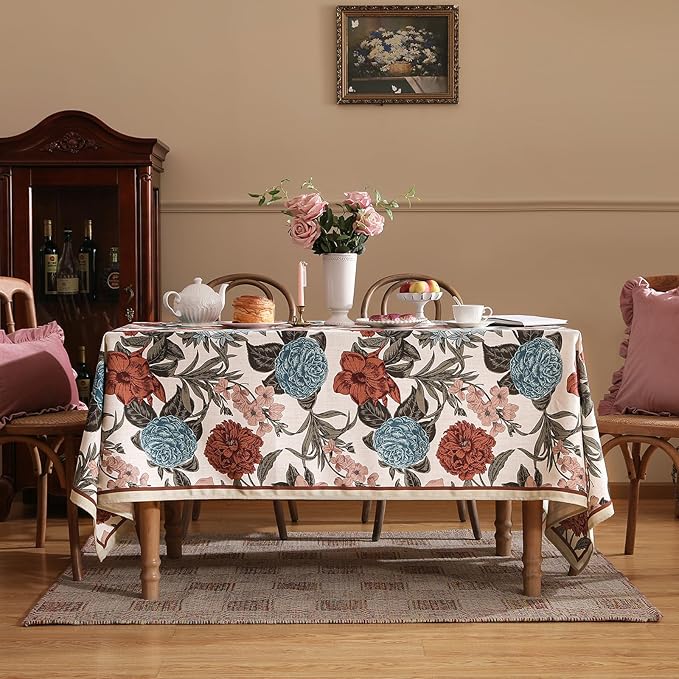 Designer French Linen Tablecloth for Rectangle Table,Red and Blue Floral Rustic Durable Tablecloths,Decor Table Cover for Kitchen,Dining,Thanksgiving,Home,55" × 79"-Burgundyred