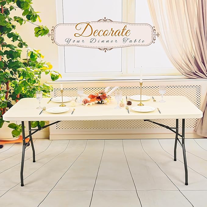 10 Pack Stretch Fabric Table Top Cap Cover, Ivory Table Covers fits 8Ft Tables, Washable Elastic Universal Rectangle Tablecloth Protector for Indoor Outdoor Party Picnic Wedding (30" W x 96" L)