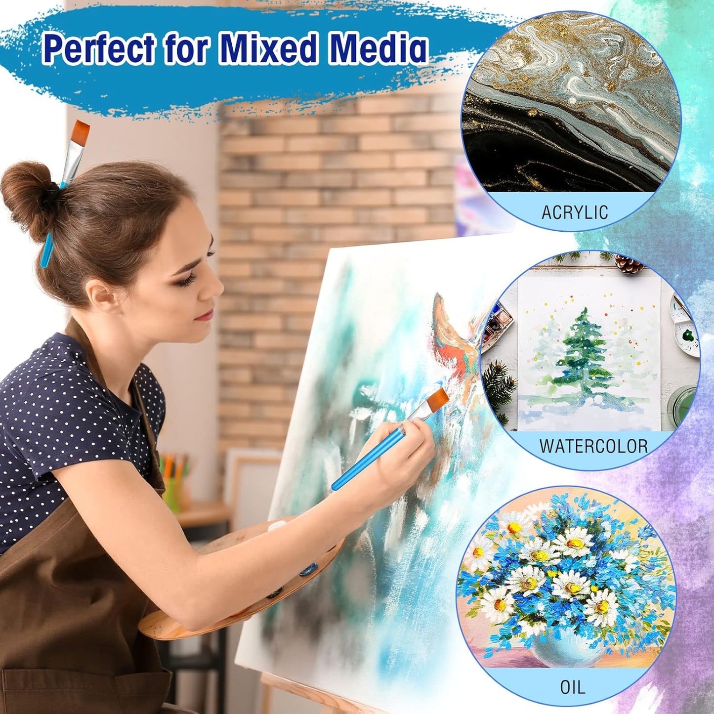 Zonon 10 Pcs 3/4 Inch Flat Paint Brushes Acrylic Painting Craft Accessories Small Watercolor Paint Brushes Bulk for Adult Artist Detail Oil Canvas Face(8.1 x 0.9 x 3/4 Inch,Sky Blue)