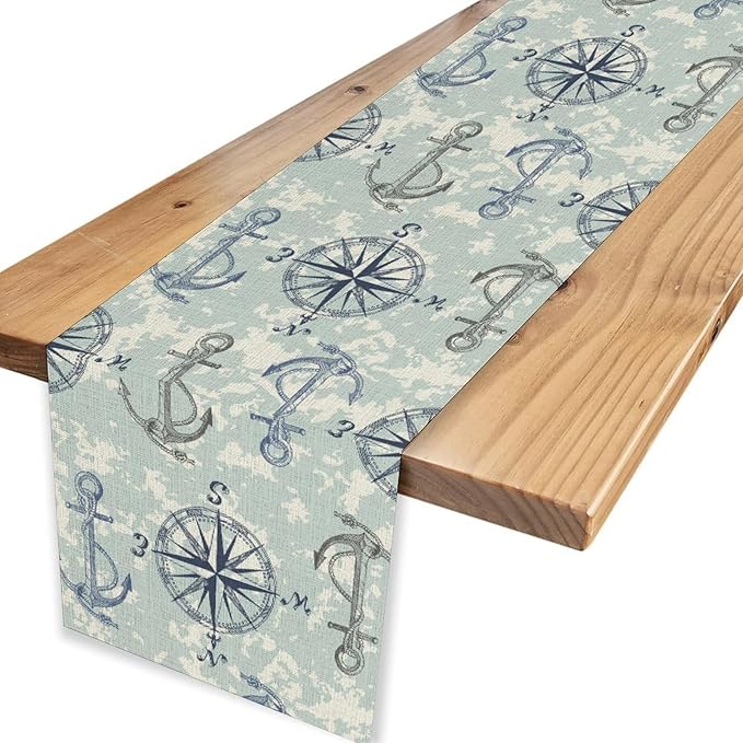 Summer Beach Table Runner, Blue Sea Coastal Nautical Sailboat Map Sketch Compass Ocean Table Runner Seasonal Holiday Home Kitchen Dining Table for Home Party Decor 13"x72"