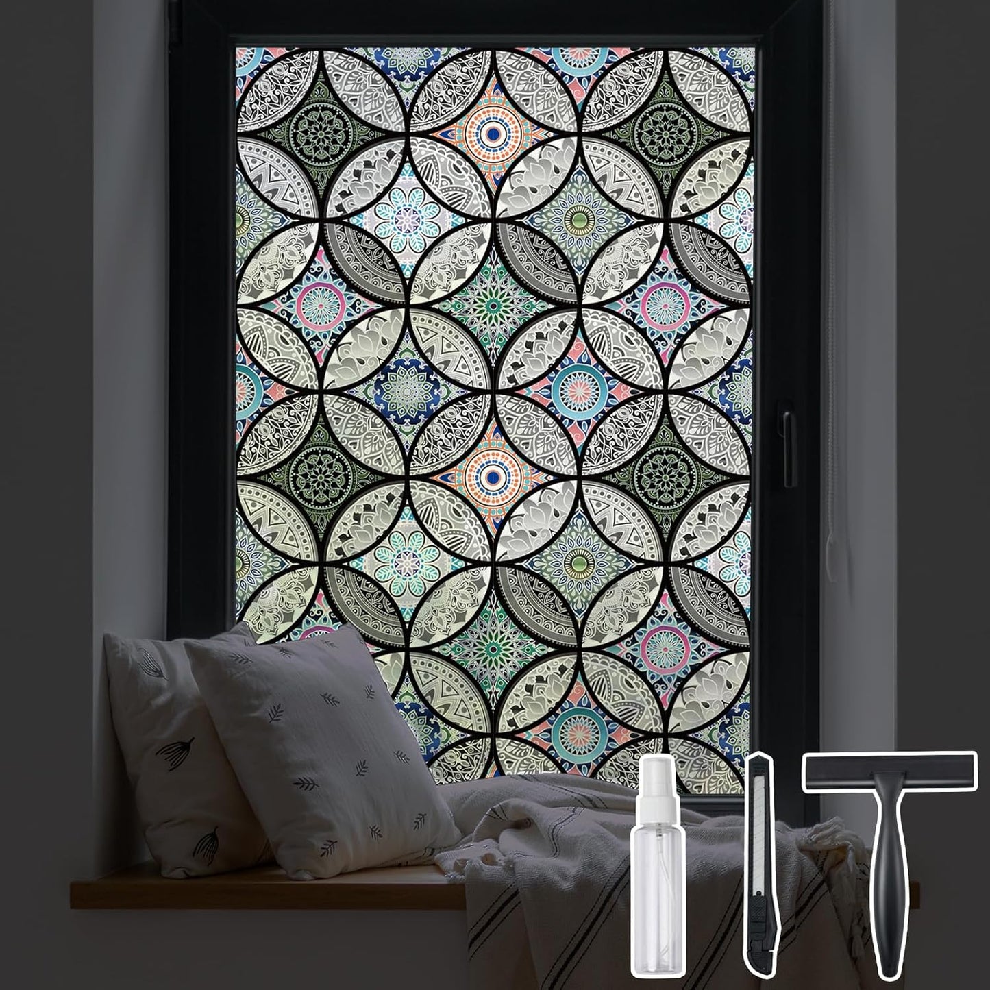DKTIE Static Cling Decorative Window Film with Installation Tools Non Adhesive Privacy Film, Stained Glass Window Film for Bathroom Shower Door Heat Cotrol Anti UV 35.4 x 78.7 Inch