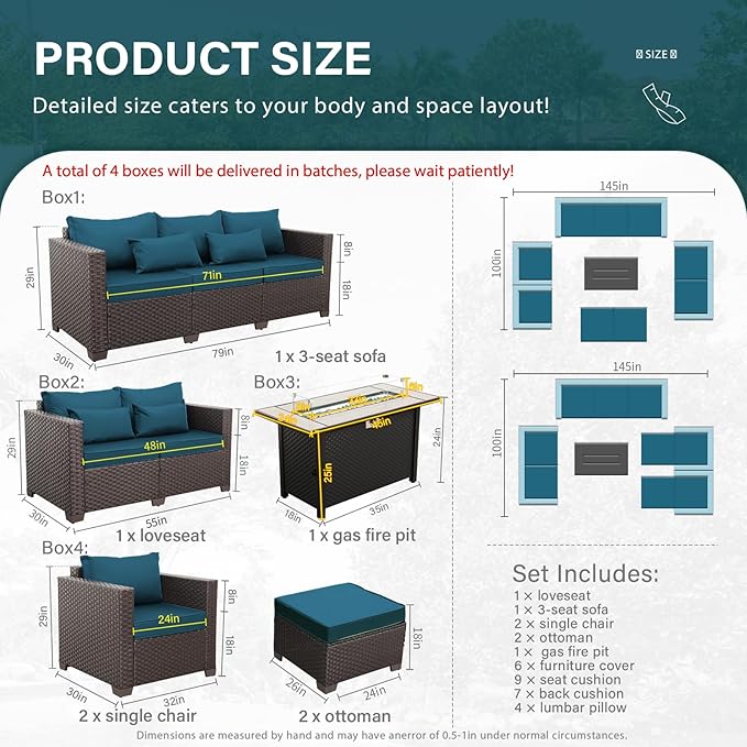 Patio Furniture Set 7 PCS Outdoor Patio Furniture with Propane Fire Pit Table Outdoor Couch Patio Chairs Outdoor Conversation Set with Peacock Blue Non-slip Cushions and Waterproof Covers