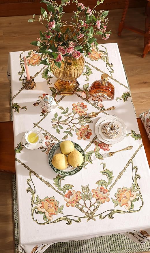 patdrea Designer Vintage Linen Rectangle Tablecloth,French Floral Tablecloths,Wrinkle Free Table Cloth,Decorative Table Cover Cloth for Kitchen,Dining,Tea Party,Home,Christmas,63"*110"
