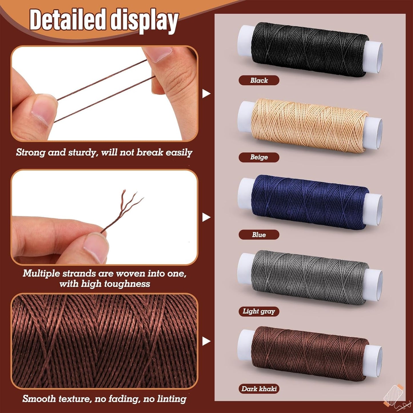 0.8 mm 54 Yards Round Waxed Thread for Leather Sewing, Leather Thread Wax String for Sewing, Stitching, Bookbinding, Bracelet, Braiding (Light Grey)