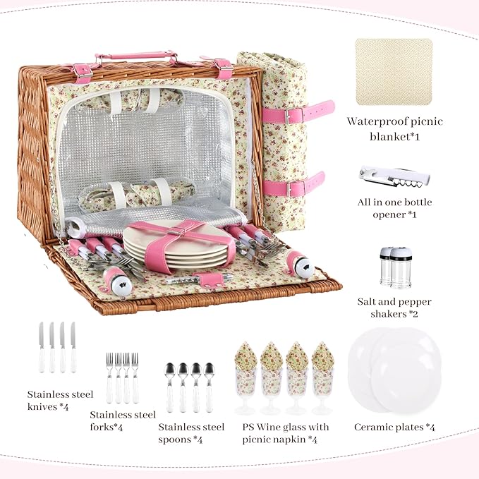 Neti Neti Wicker Picnic Basket for 4 with Insulated Cooler & Waterproof Blanket – Large Willow Picnic Hamper for Outdoor, Camping, Beach, Romantic Dates, Valentine’s Day