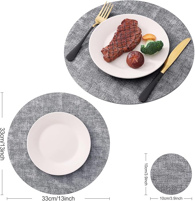 Homaxy Round Faux Leather Placemats and Coasters, Washable Dual-Side Table Mats, Wipeable Heat-Resistant Dining Place Mats for Outdoor and Indoor, Set of 6, Diameter 13 and 3.93 inch, Black & White