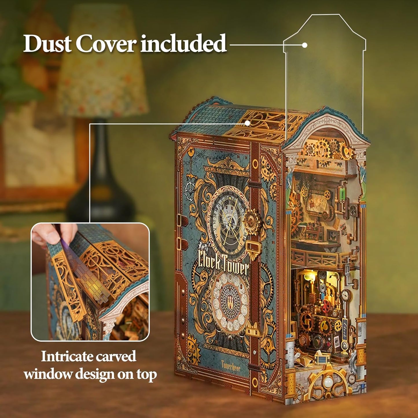 Tonecheer DIY Book Nook Kit for Adults, 3D Wooden Puzzle Bookend Miniature House Kit, Booknook Bookshelf Insert Decor with Dust Cover and LED Lights Gifts (Clock Tower)