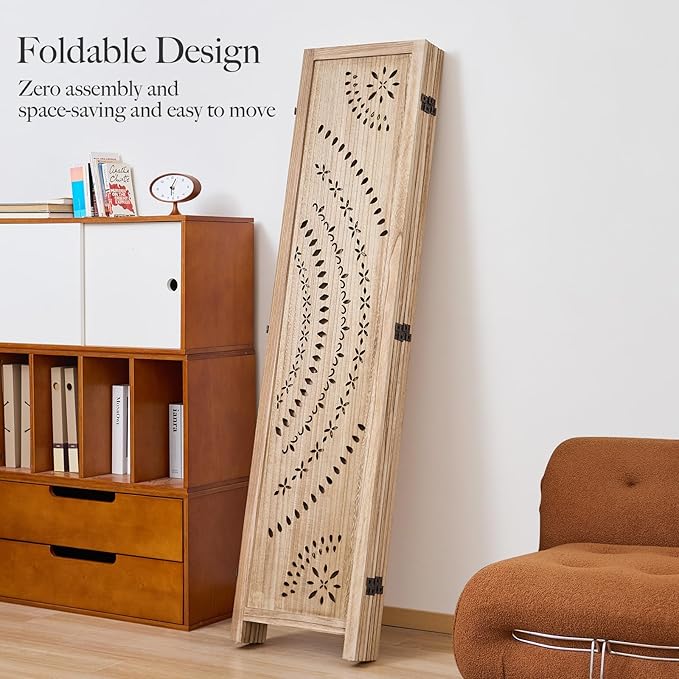 66.9Inch Folding Room Divider, 6 Panels Wood Carved Privacy Screens, Free Assembled Freestanding Partition for Home Office Restaurant Bedroom (Natural)