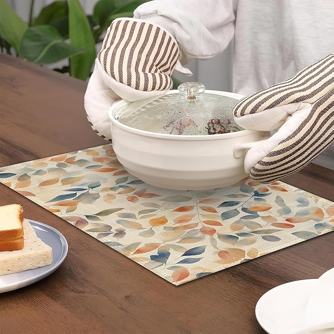Placemats Set of 6,Autumn Leaves Table Mats,Fall Colorful Washable Linen Table Mats,Non-Slip Heat Resistant Placemats for Party Kitchen Dining Indoor Outdoor 12"x18"