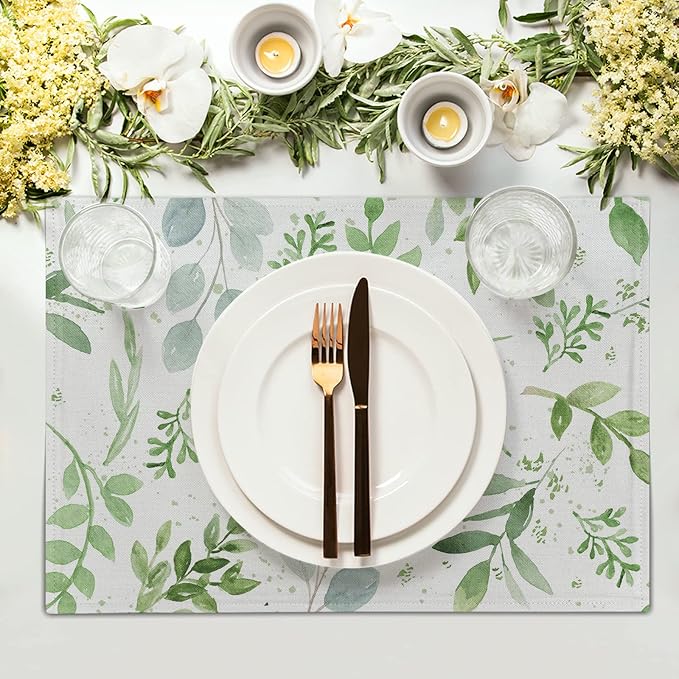 Giwawa Leaf Spring Placemats Set of 4 Sage Green Eucalyptus Leaves Linen Non Slip Place Mat Watercolor Summer Botanical Rustic Farmhouse Kitchen Decorations 12x18 Inch for Home Dining Table Party