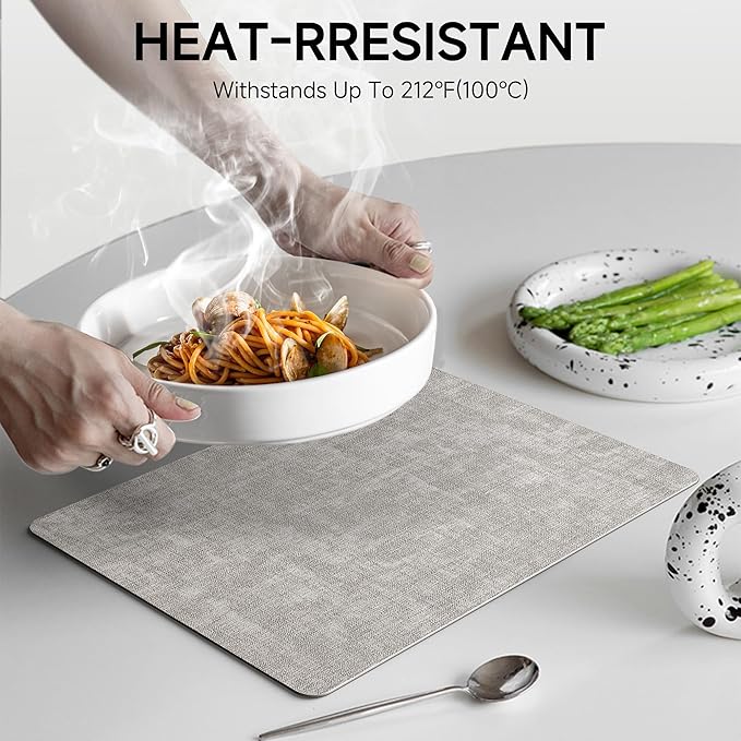 Faux Leather Vinyl Placemats Set of 4 Wipeable Heat Resistant Place Mats 100% Washable - Waterproof - Anti Slip Reversible Table Mats for Kitchen/Dining/Party/Outdoor, 12" x 16.5", Light Grey & Black