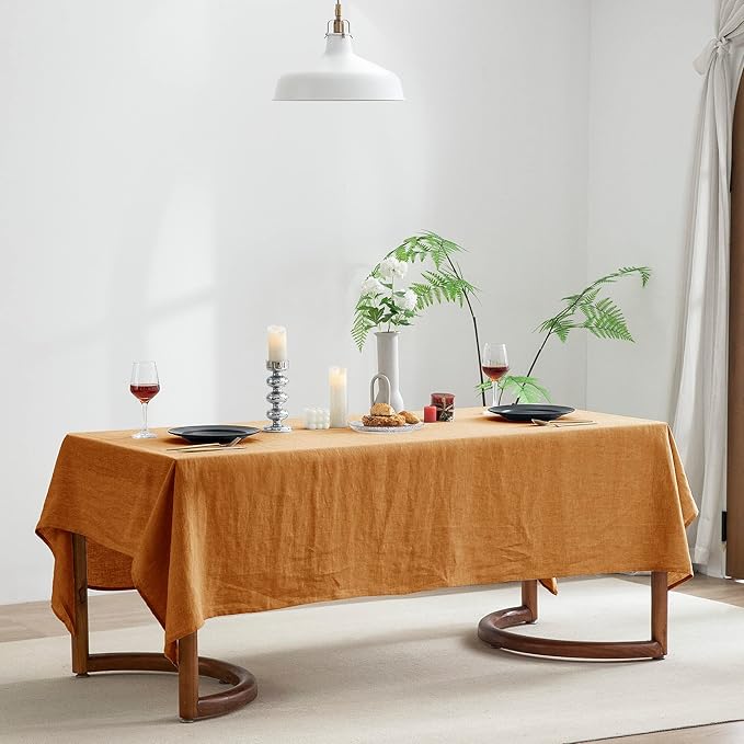 EVERLY 100% Pure Linen Rectangle Tablecloths 60x84Inches for Dining,Buffet Parties,Picnic,Events,Weddings and Restaurants,Decorative Halloween,Thanksgiving Machine Washable Tablecloths-Caramel