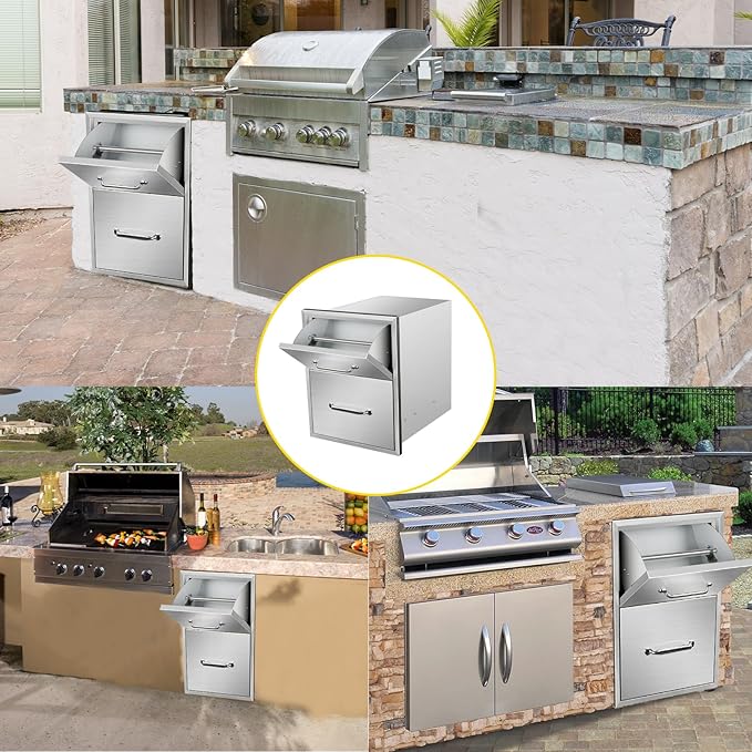 Outdoor Kitchen Drawers with Paper Towel Holder 16" W x 20" H x 20" D Flush Mount BBQ Drawers with Chrome Handle,Stainless Steel Built-in Double Access Drawers for Outdoor Kitchen Island