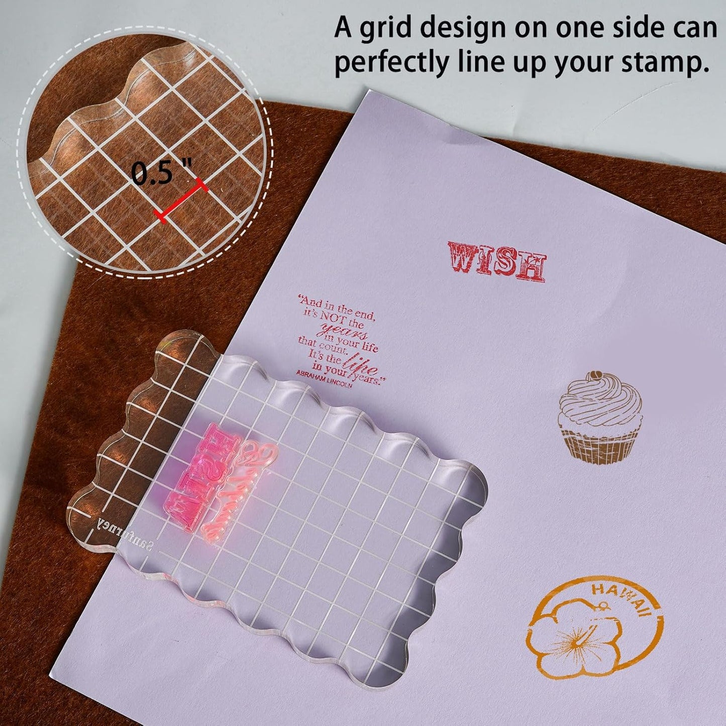 Sanfurney 1 Piece Acrylic Stamp Block, 15mm Thick, Clear Stamping Tool with Grid Lines Decorative Stamp Block for Scrapbooking Crafts Card Making