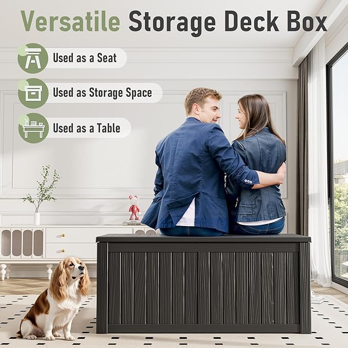 Outdoor Storage Box, 120 Gallon Deck Box, Resin Waterproof Outside Storage Bench, Outdoor Storage Cabinet With Lockable Lid, Backyard Deck Box For Garden Tools, Patio Cushions, Pool Accessories