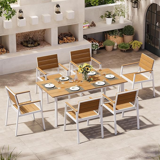 Outdoor Patio Dining Chairs Set of 2, 350LBS Capacity Aluminum Patio Dining Chairs with Armrests, Weather-Resistant for Lawn, Garden, Yard, Poolside and Indoor Use (White & Teak)