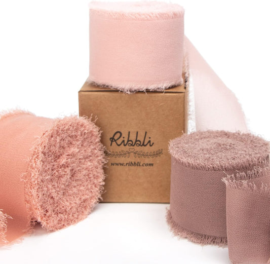 Ribbli Chiffon Silk Ribbon, 1.5 inch x 30 Yard, Blush Pink/Dusty Pink/Mauve Fringe, Wedding Invitations, Bridal Bouquets, Flower Arrangement