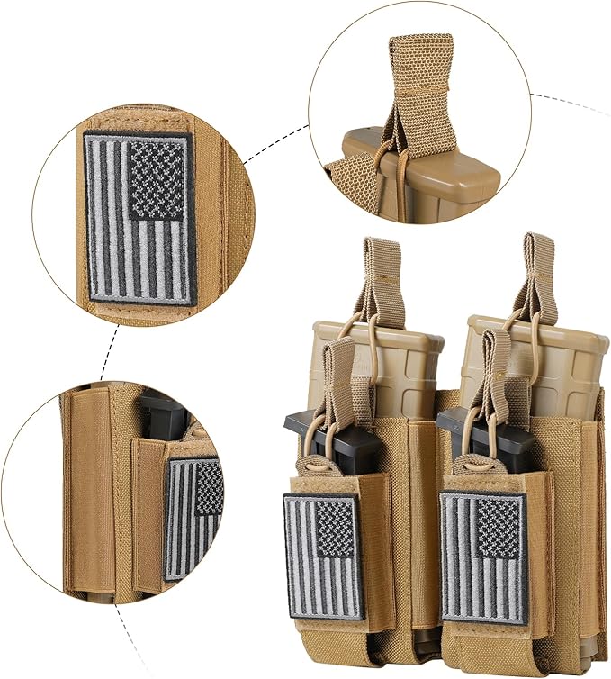 Open-Top Single/Double/Triple Molle Mag Pouch for 5.56mm M4 M16 AK AR Glock M1911 9mm Elastic Rifle Magazines Pistol Mag Pouches Holder Carrier with USA Flag Patch