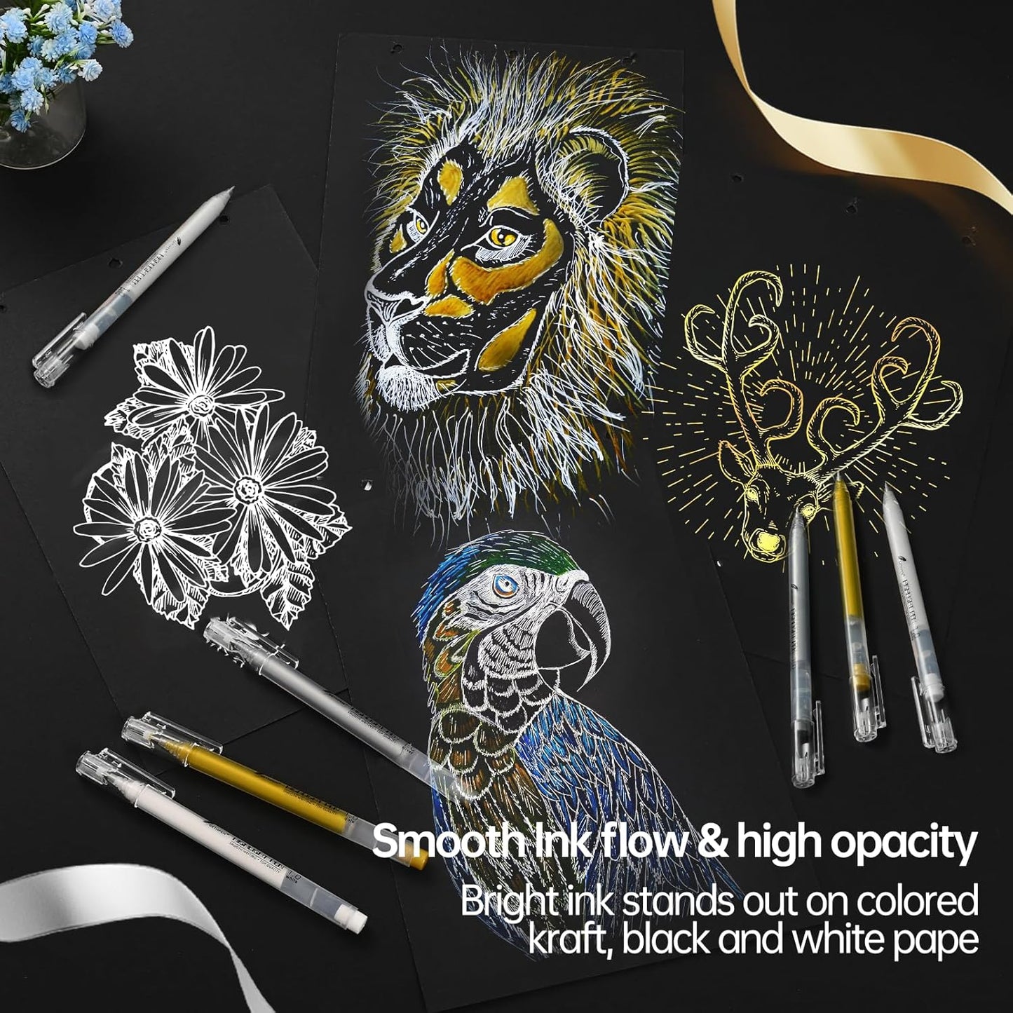 White Gel Pens, 1.0mm Extra Fine Point Gel Ink Pen Set – Opaque Archival Ink Pens for Black Paper Drawing, Bullet Journaling & Artists Drawing, 3 Pack