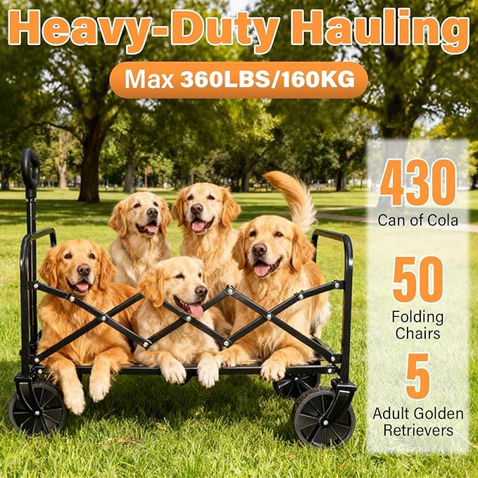 Wagons Carts Foldable, Collapsible Wagon with Wheels — Durable Folding Utility Pull Wagon Cart for Groceries, Picnic & Pets, Park Trips & Small Hauls, 360 lbs Heavy Duty Capacity,Graphite Black