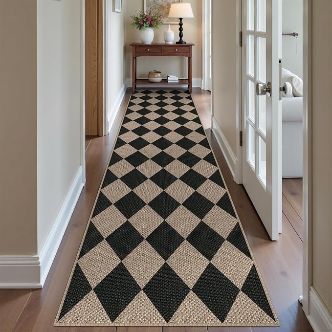 Easy Jute Checkered Runner Rug, 2.6x10 Black Modern Washable Rugs Runner for Hallway Non-Slip Kitchen Runner Rug, Geometric Diamond Indoor Outdoor Carpet for Porch Laundry Entryway