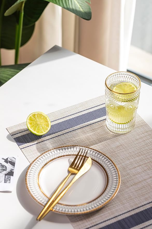 LEXMORE Placemats Set of 4 Vinyl/Plastic Woven Place Mats for Kitchen Table Indoor/Outdoor Washable Placemat Wipeable Dining Table Mats(Blue Skyline)