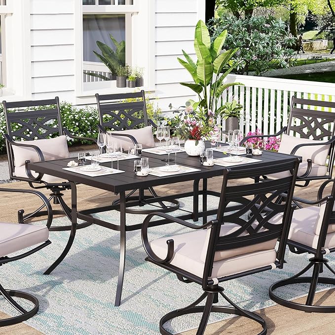 MFSTUDIO Outdoor Patio Dining Table for 6, Rectangle Weather Resistant Metal Patio Table with Adjustable Umbrella Hole, Black