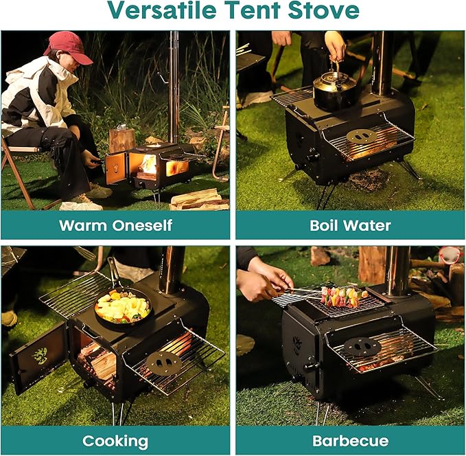 Wood Burning Stove, Hot Tent Stove, Folding Portable Wood Stove for Tent, Cooking, Hiking, Camping Wood Stove Includes Six Chimney Pipes and View Glass, Black