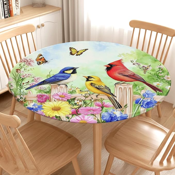 Spring Birds Floral Round Fitted Tablecloth with Elastic Colorful Flower Butterfly Circle Table Cloth for 44-48" Round Tables Wipeable Waterproof Farmhouse Easter Table Cover for Outdoor Picnic Dining