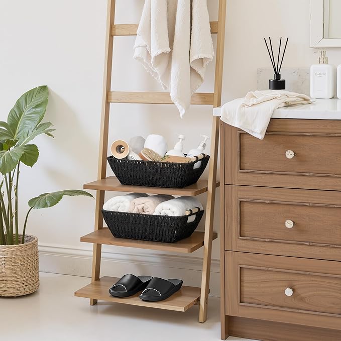 StorageWorks Large Wicker Storage Basket for Organizing with Wooden Handles, Toilet Paper Baskets for Shelf, Black, 2-Pack