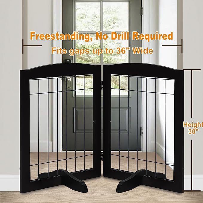 LZRS 2-Panel Freestanding Adjustable Wooden Dog Gate—30” Tall Foldable Pet Barrier with Support Feet, Solid Hardwood & Chew-Resistant Steel Wire for Doorways, Hallways, and Stairs, Black