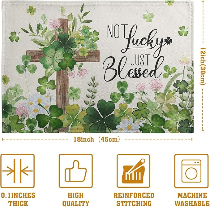 St Patricks Placemats Set of 4 St. Patrick's Day Cross Shamrocks Clover Linen Table Mats 12x18 Inch Spring Heat Resistant Washable Place Mat for Kitchen Dining Home Party Decor
