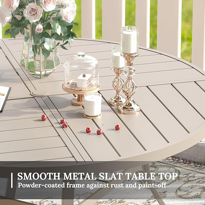 VICLLAX Round Patio Table with Adjustable Umbrella Hole for 6, All Weather Metal Outdoor Dining Table for Lawn Garden, 50" Outdoor Coffee Table, Cream Color Frame