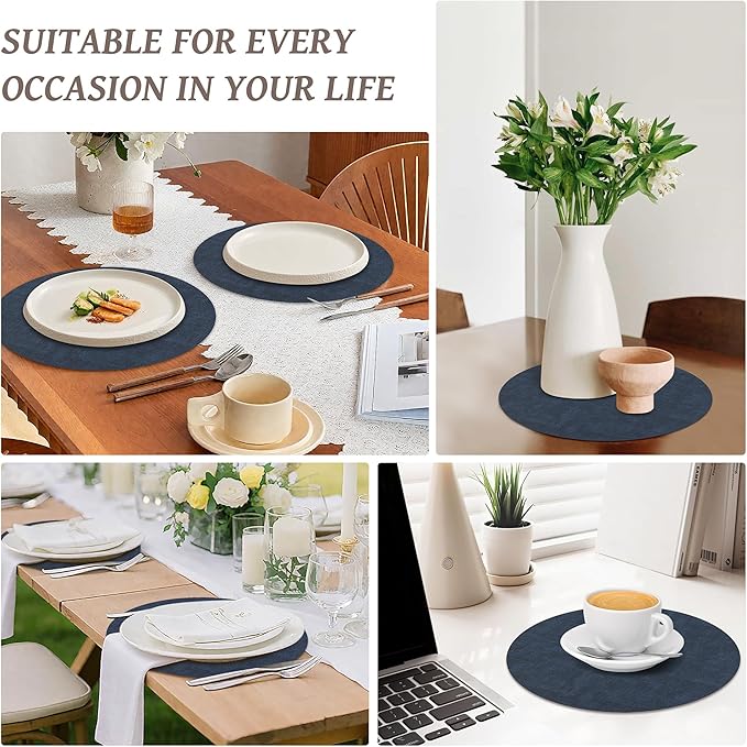 13" Round Placemats Set of 6, Reversible Faux Leather Heat Resistant Table Mats, 100% Waterproof Oilproof Wipeable Table Protective Placemats for Vinyl, Washable for Indoor (6, Navy Blue)
