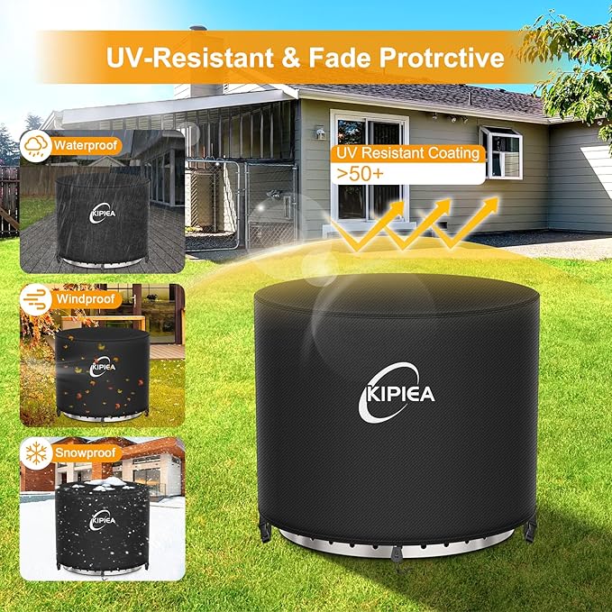 Kipiea Round Fire Pit Cover for Solo Stove Bonfire - 100% Waterproof Smokeless Fire Pit Cover, Upgraded 600D Strong Tear and UV Resistant - 22" Dia X 16" H