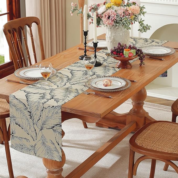 Double-Sided Table Runner - Reversible Oil Painting & Banana Leaf Design, Waterproof Linen Cotton for Dining Table Decor, Holiday Home Decoration（Pruple）