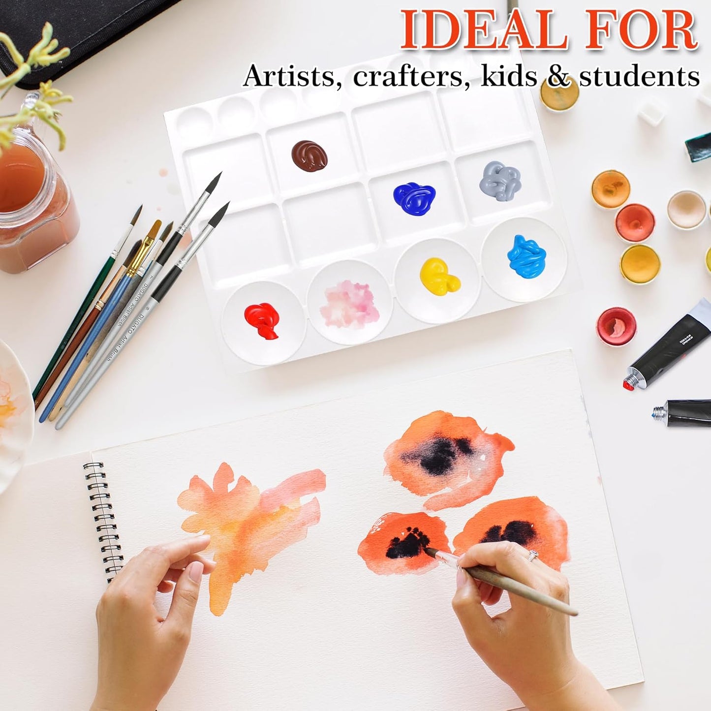 DUGATO Large Paint Palette Trays (2 Pack, 10x13) - 20-Well Plastic Mixing Palettes for Acrylic, Oil, Watercolor & Gouache Paints - Artist Supplies