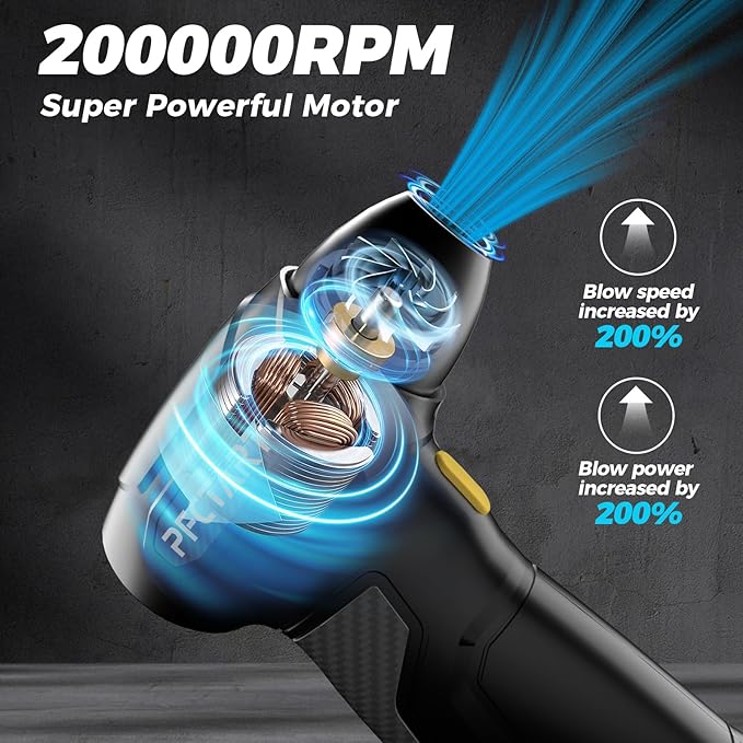 Compress Air Duster, 200000RPM Electric Air Duster with Brushless Motor, Roller Adjustment, Rechargeable Cordless Air Blower for Keyboard, PC, Car, Home Cleaning Kits (Yellow)
