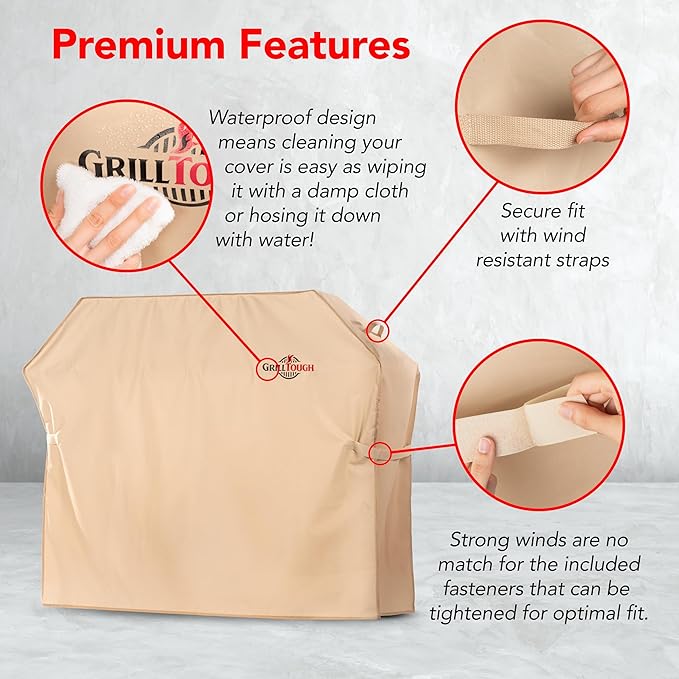 Heavy Duty BBQ Grill Cover for Outdoor Grill, 52 Inch – Waterproof, Weather Resistant, UV & Fade Resistant with Adjustable Straps – Gas Grill Cover for Weber, Genesis, Charbroil, etc. Tan