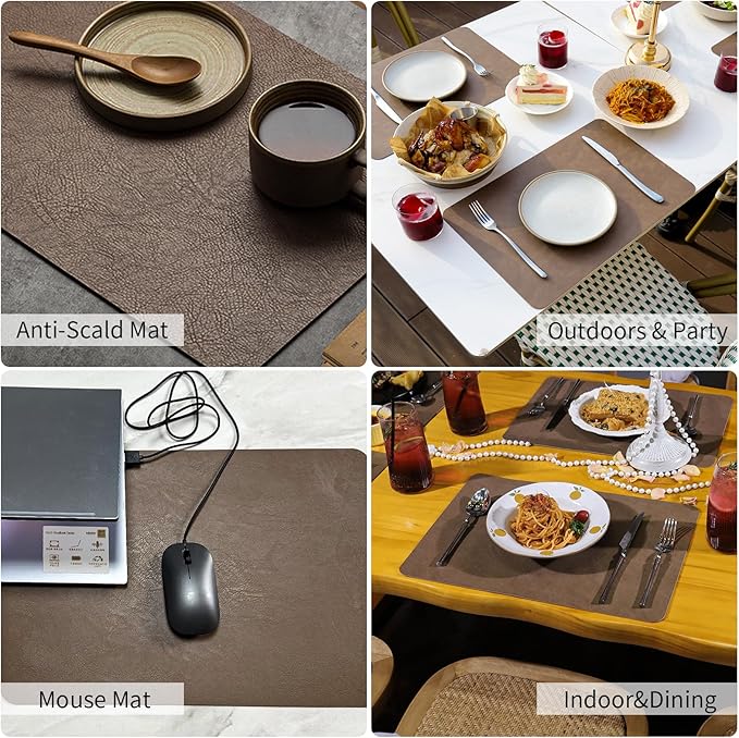 Cowhide Pattern Faux Leather Placemats Set of 6,Heat Resistant Non-Slip Waterproof Wipeable Washable Kitchen Dining PU Table Place Mats,Double-Sides Available,Dark Brown